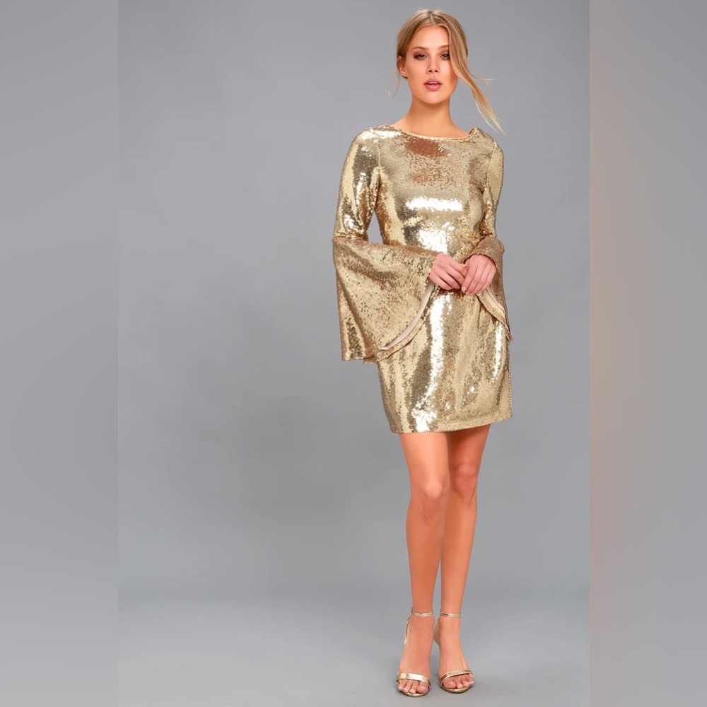 Lulu’s Beaming Belle Gold Sequin Bell Sleeve Dress